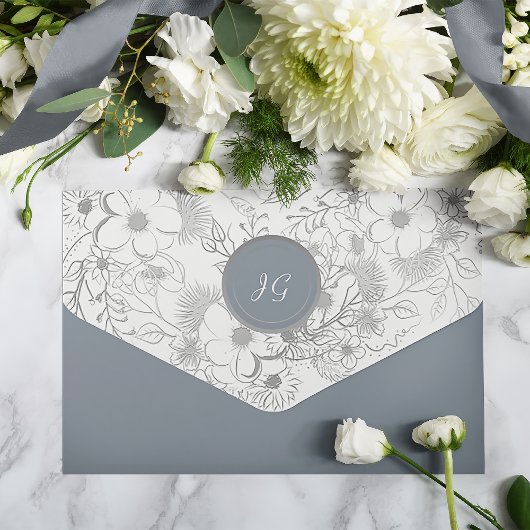 Stoffig Blauw Bloemen Bruiloft All In One Uitnodiging