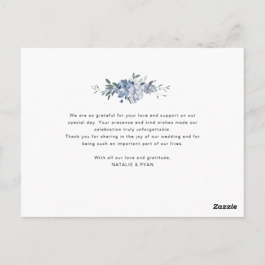 Stoffig Blauw Bloemen bruiloft Dank u kaart (Achterkant)