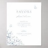 Stoffig Blauw Bloemen Bruiloft Favor Sign Poster (Voorkant)