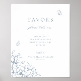 Stoffig Blauw Bloemen Bruiloft Favor Sign Poster