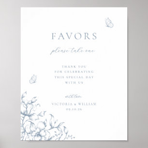 Stoffig Blauw Bloemen Bruiloft Favor Sign Poster