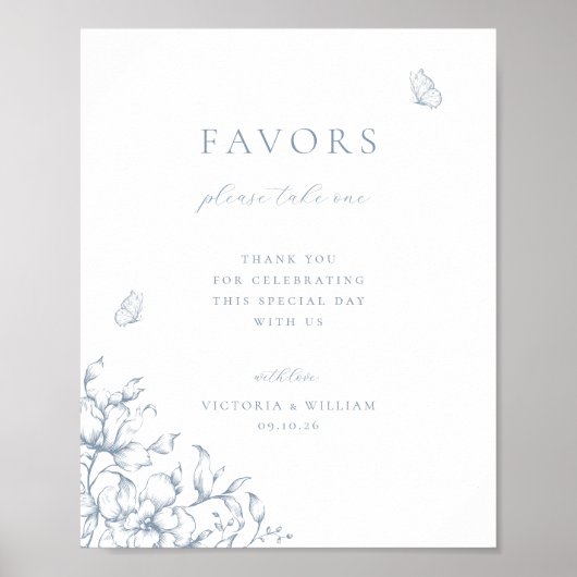 Stoffig Blauw Bloemen Bruiloft Favor Sign Poster (Voorkant)
