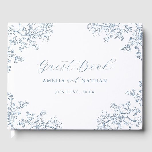  Stoffig Blauw Bloemen Bruiloft Gastenboek (Voorkant)
