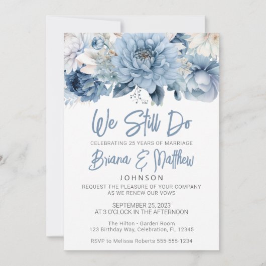 Stoffig Blauw Bloemen Bruiloft Gelofte Vernieuwing Kaart (Voorkant)