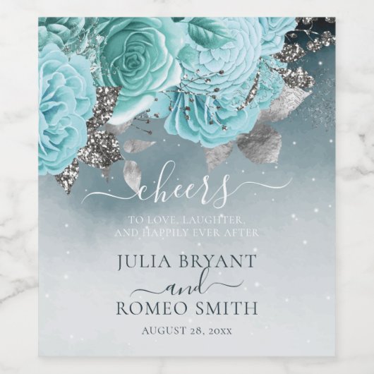 Stoffig Blauw Bloemen Bruiloft Luxe Wijn Etiket (Enkel label)