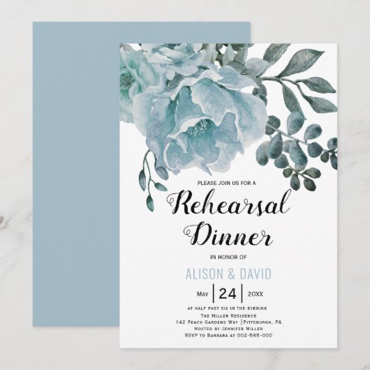 Stoffig blauw bloemen bruiloft repetitie diner kaart (Voorkant / Achterkant)