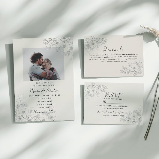 Stoffig Blauw  Bloemen Bruiloft RSVP Kaart