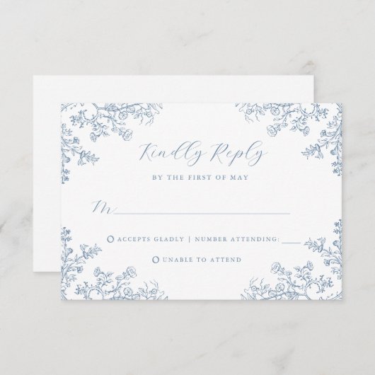 Stoffig Blauw  Bloemen Bruiloft RSVP Kaart (Voorkant / Achterkant)