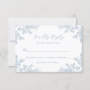 Stoffig Blauw Bloemen Bruiloft RSVP Kaart