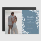 Stoffig Blauw  Bloemen Bruiloft Save The Date Magnetische Uitnodiging (Voorkant / Achterkant)