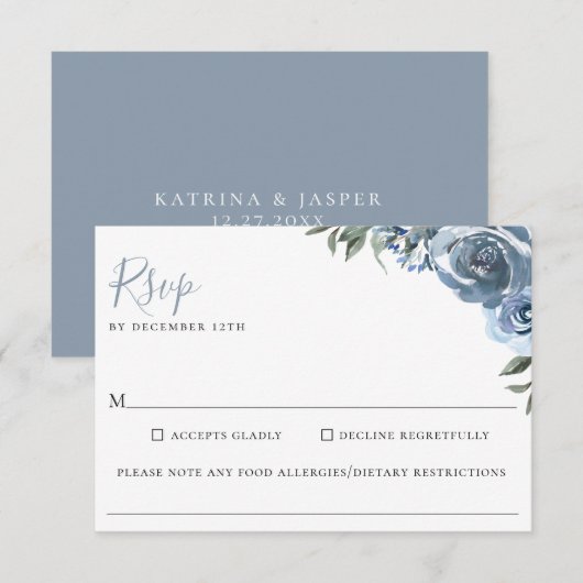 Stoffig Blauw Bloemen Bruiloft Voedsel Allergie RS RSVP Kaartje (Voorkant / Achterkant)