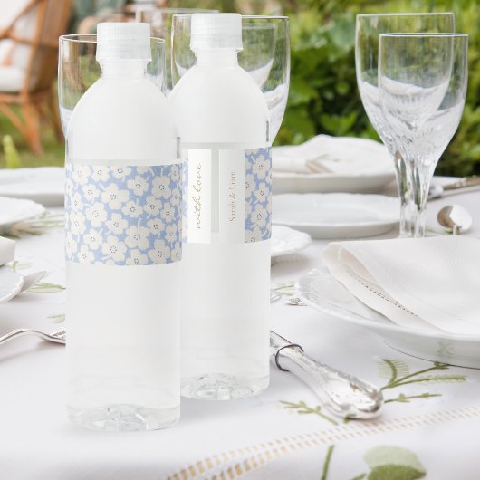 Stoffig Blauw Bloemen Bruiloft Water Flesje Label Waterfles Etiket