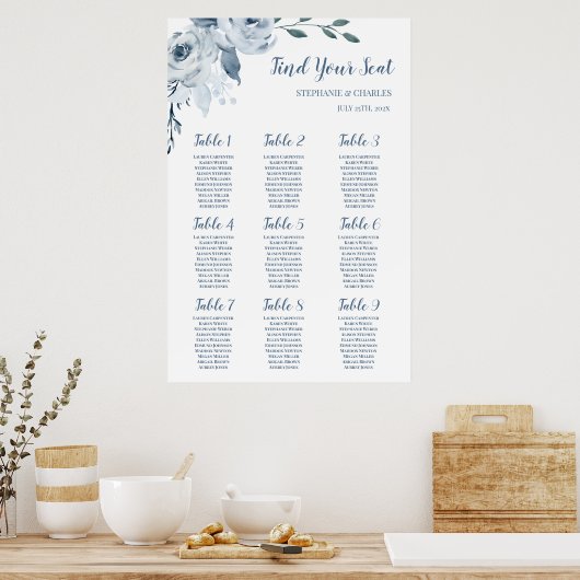 Stoffig Blauw Bloemen Bruiloft Zitbord Poster (Keuken)