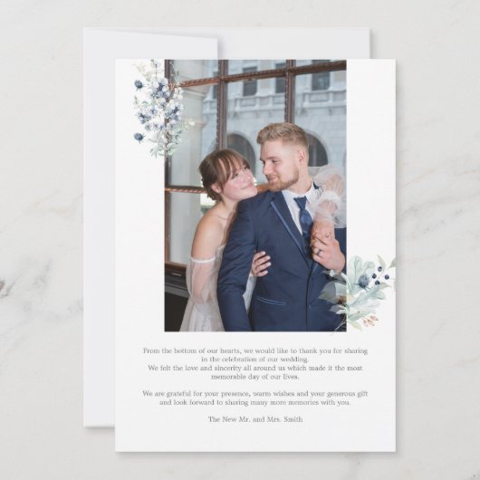 Stoffig Blauw Bloemen Dankkaart – Elegant Minimaal Kaart (Achterkant)