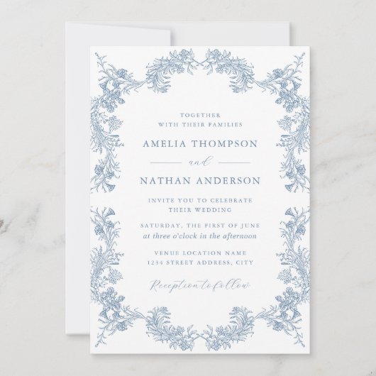 Stoffig Blauw  Bloemen Elegant Bruiloft Kaart (Voorkant)