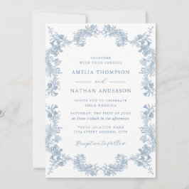 Stoffig Blauw  Bloemen Elegant Bruiloft Kaart