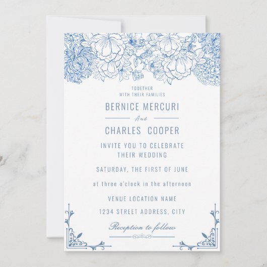  stoffig blauw bloemen elegante bruiloft kaart (Voorkant)