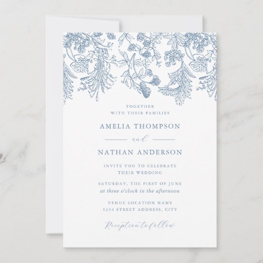  stoffig blauw bloemen elegante bruiloft kaart (Voorkant)