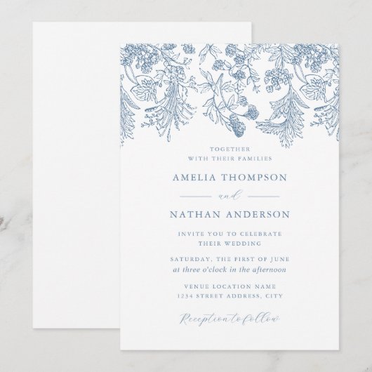 stoffig blauw bloemen elegante bruiloft kaart