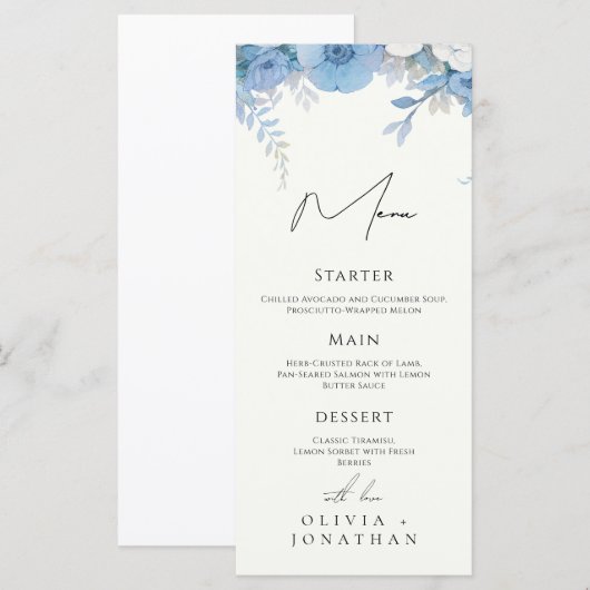Stoffig Blauw Bloemen Elegante Huwelijk Menu (Voorkant / Achterkant)