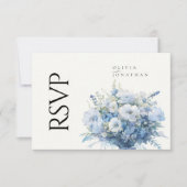 Stoffig Blauw Bloemen Elegante Huwelijk RSVP Kaartje (Voorkant)