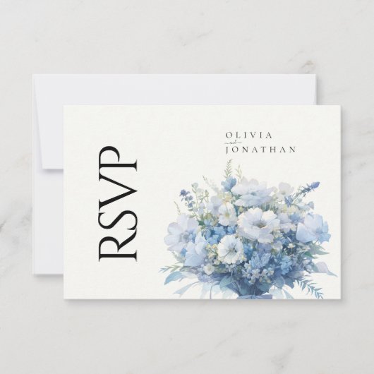 Stoffig Blauw Bloemen Elegante Huwelijk RSVP Kaartje (Voorkant)