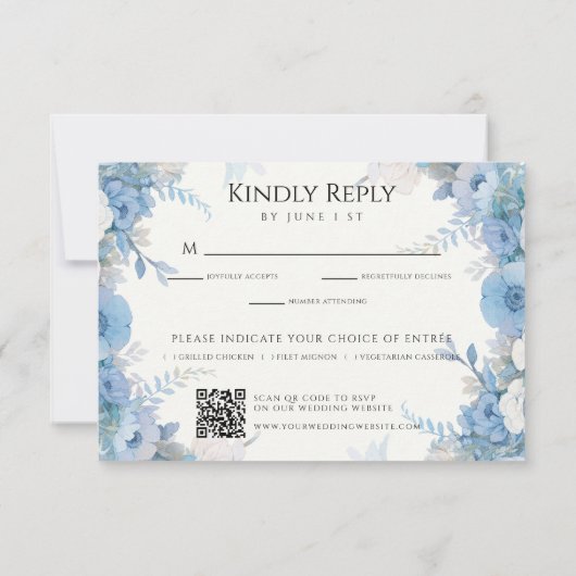 Stoffig Blauw Bloemen Elegante Huwelijk RSVP Kaartje (Achterkant)