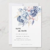 Stoffig blauw bloemen en groen Save The Date Kaart (Voorkant)