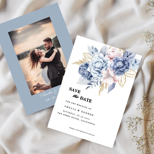 Stoffig blauw bloemen en groen Save The Date Kaart