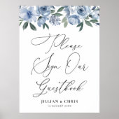 Stoffig blauw bloemen gastenboek teken poster (Voorkant)
