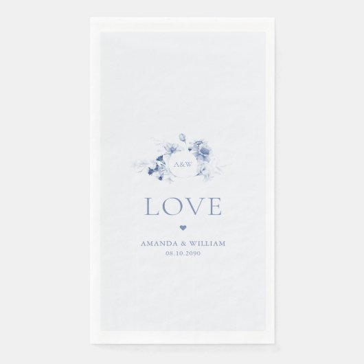 Stoffig Blauw Bloemen Gastenhanddoeken met "Love" Servet (Voorkant)