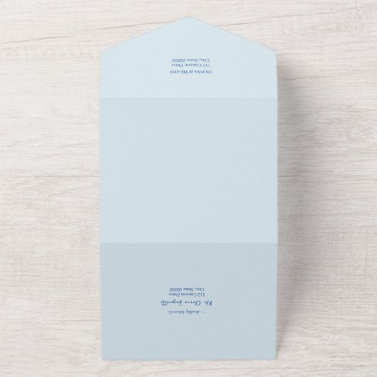 Stoffig Blauw Bloemen Goud Bruiloft All In One Uitnodiging (Buitenkant)