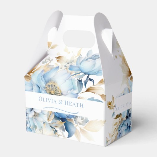 Stoffig Blauw Bloemen Goud Bruiloft Bedankdoosjes (Achterkant)