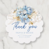 Stoffig Blauw Bloemen Goud Bruiloft Bedankjes Labels (Voorkant)