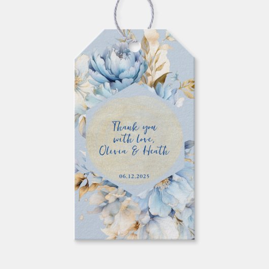 Stoffig Blauw Bloemen Goud Bruiloft Cadeaulabel (Voorkant)