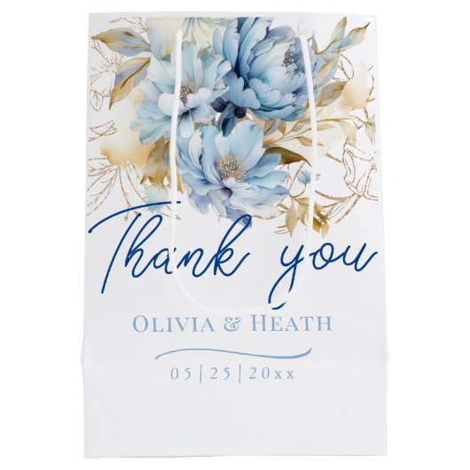 Stoffig Blauw Bloemen Goud Bruiloft Medium Cadeauzakje (Achterkant)