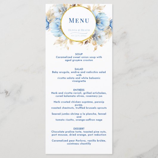 Stoffig Blauw Bloemen Goud Bruiloft Menu (Voorkant)