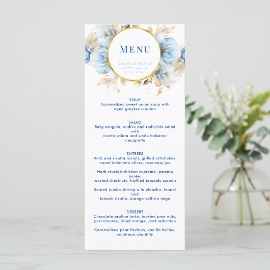 Stoffig Blauw Bloemen Goud Bruiloft Menu (Staand voorkant)