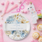 Stoffig Blauw Bloemen Goud Bruiloft Papieren Bordje (Feest)