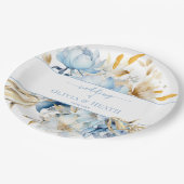 Stoffig Blauw Bloemen Goud Bruiloft Papieren Bordje (Gekanteld)