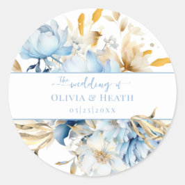 Stoffig Blauw Bloemen Goud Bruiloft Ronde Sticker
