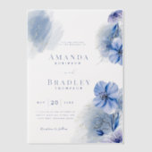 Stoffig Blauw Bloemen & Goud Glitter Elegante brui Vellum Uitnodigingen (Voorkant)