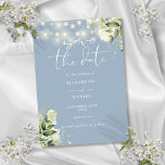 Stoffig Blauw Bloemen Groen String Lights Bruiloft Save The Date<br><div class="desc">Deze elegante stoffige blauwe groen bloemen save-the-date uitnodiging kan worden gepersonaliseerd met uw informatie in chique typografie. Ontworpen door Thisnotme©</div>