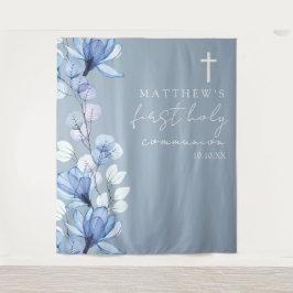 Stoffig Blauw Bloemen Heilige Communie Foto Achter Wandkleed