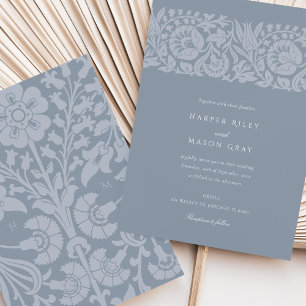 Stoffig Blauw Bloemen Huwelijk Sierlijk Kaart