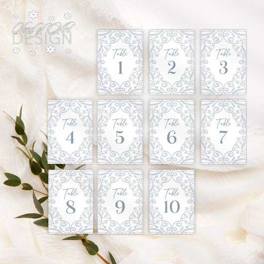 Stoffig Blauw Bloemen Kant Trouwtafel Nummer Kaart