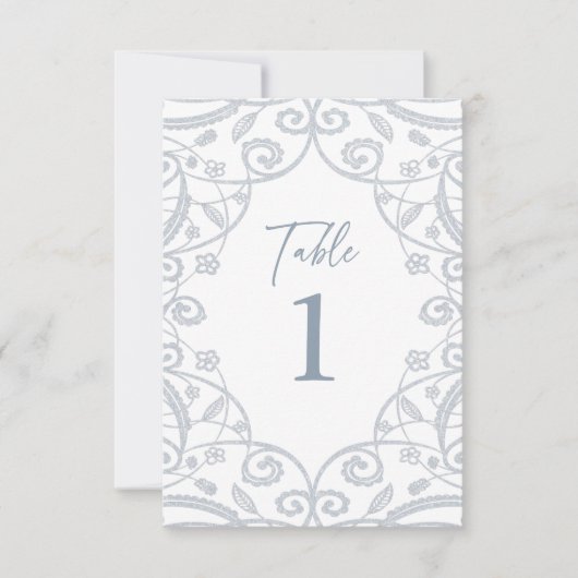 Stoffig Blauw Bloemen Kant Trouwtafel Nummer Kaart (Voorkant)