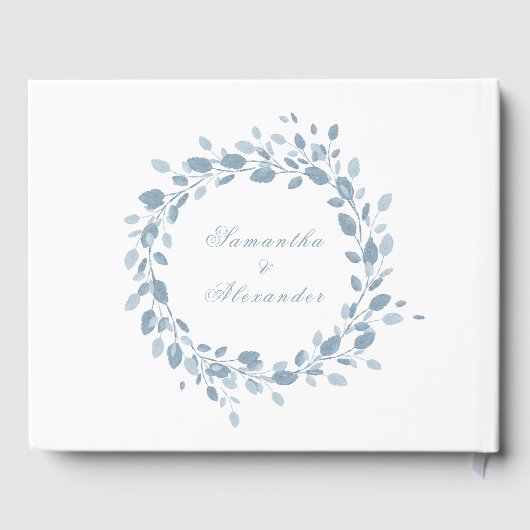 Stoffig Blauw Bloemen Krans Wit Bruiloft Gastenboek (Achterkant)