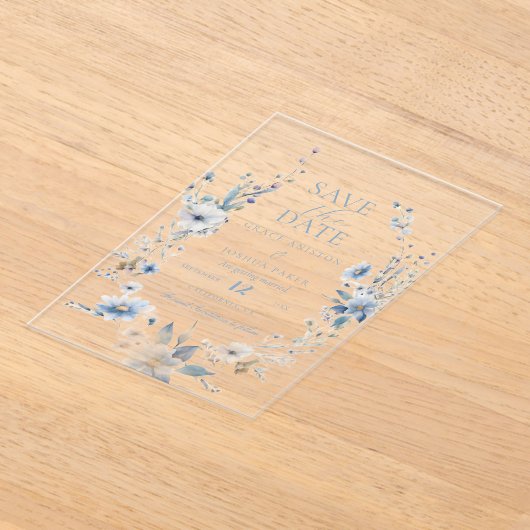 Stoffig Blauw Bloemen Lente groen bruiloft Acryl Uitnodigingen (Laagn)