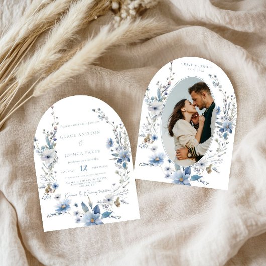 Stoffig Blauw Bloemen Lente groen bruiloft Kaart